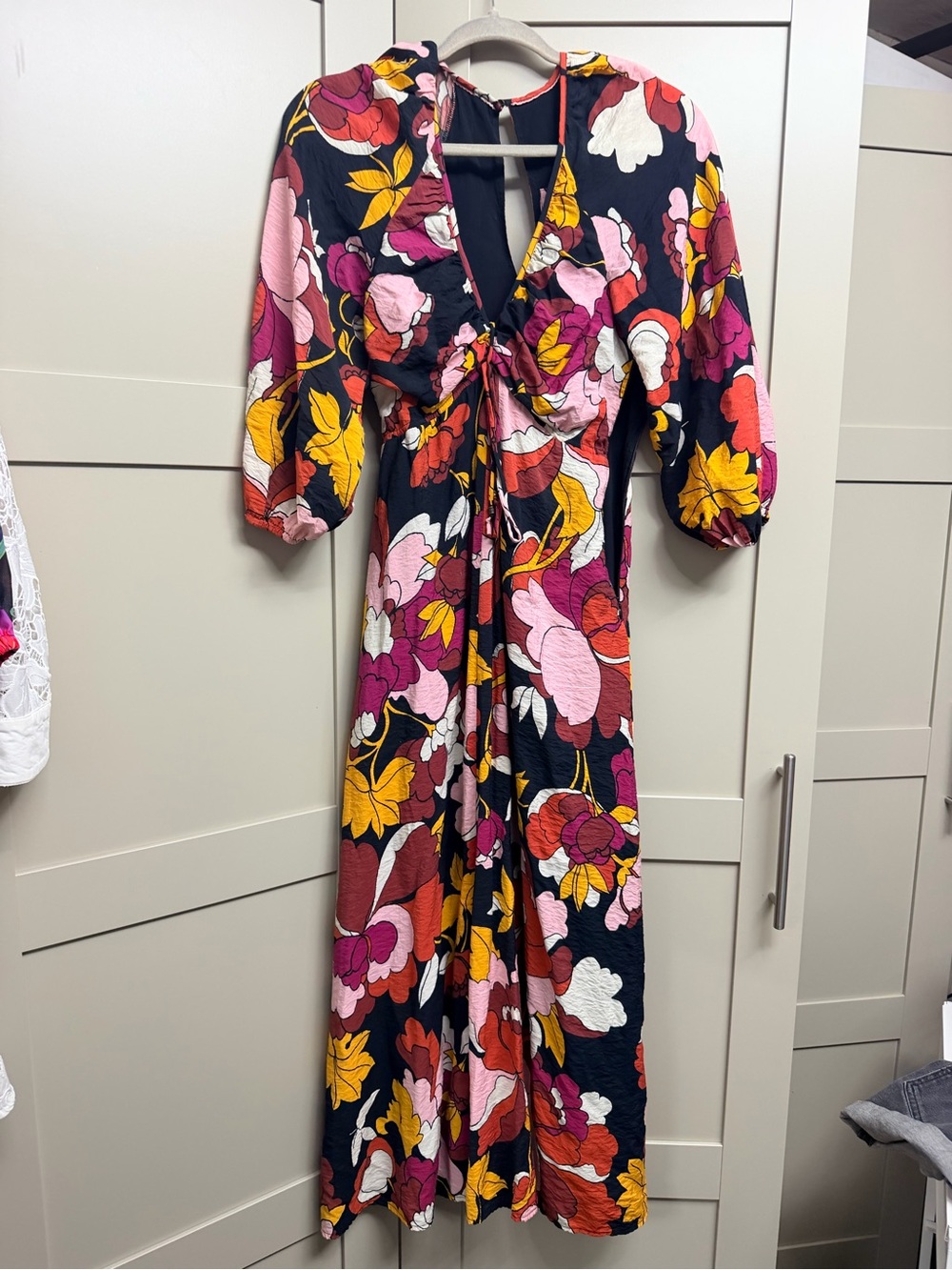 Maeve /Anthropolgie Black Maxi Dress with Pink, Magenta & Mustard Floral Size00
